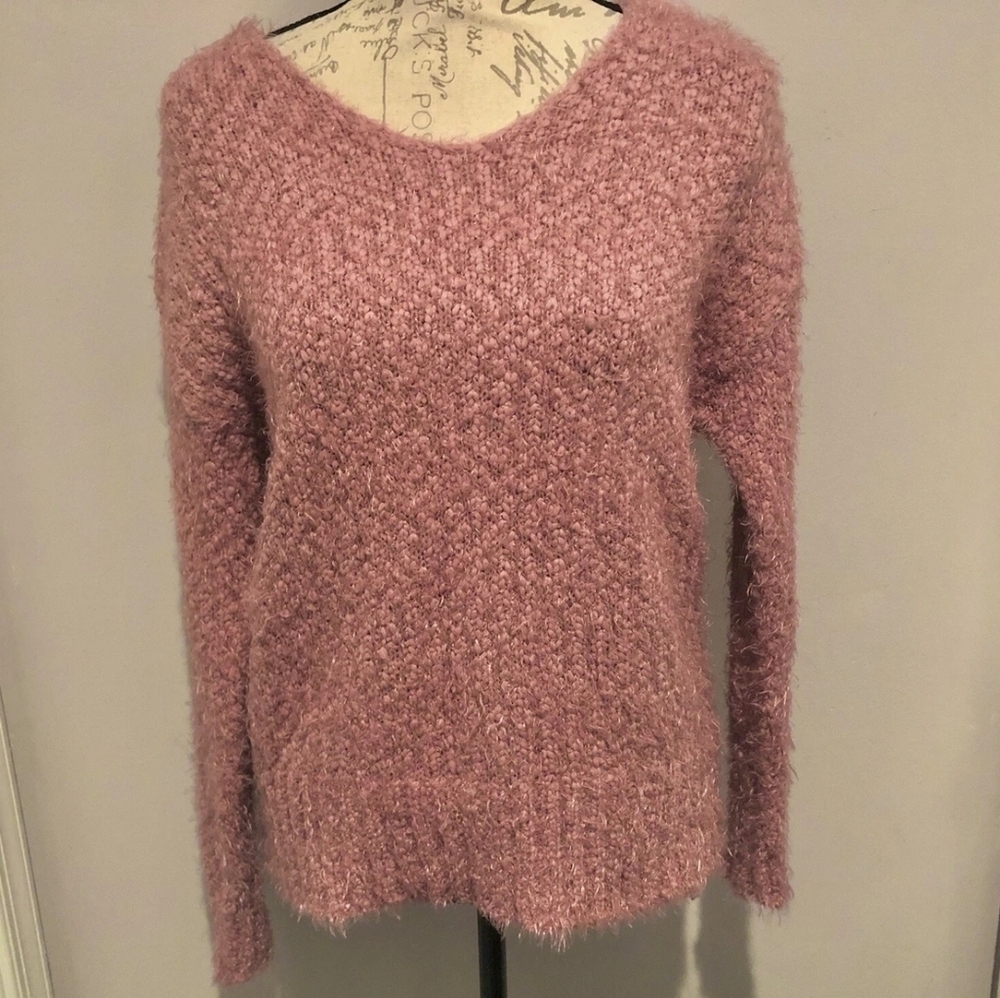Knox Rose Fuzzy Plush Fiber Faux Wrap Lace Sweater Pink Sz L